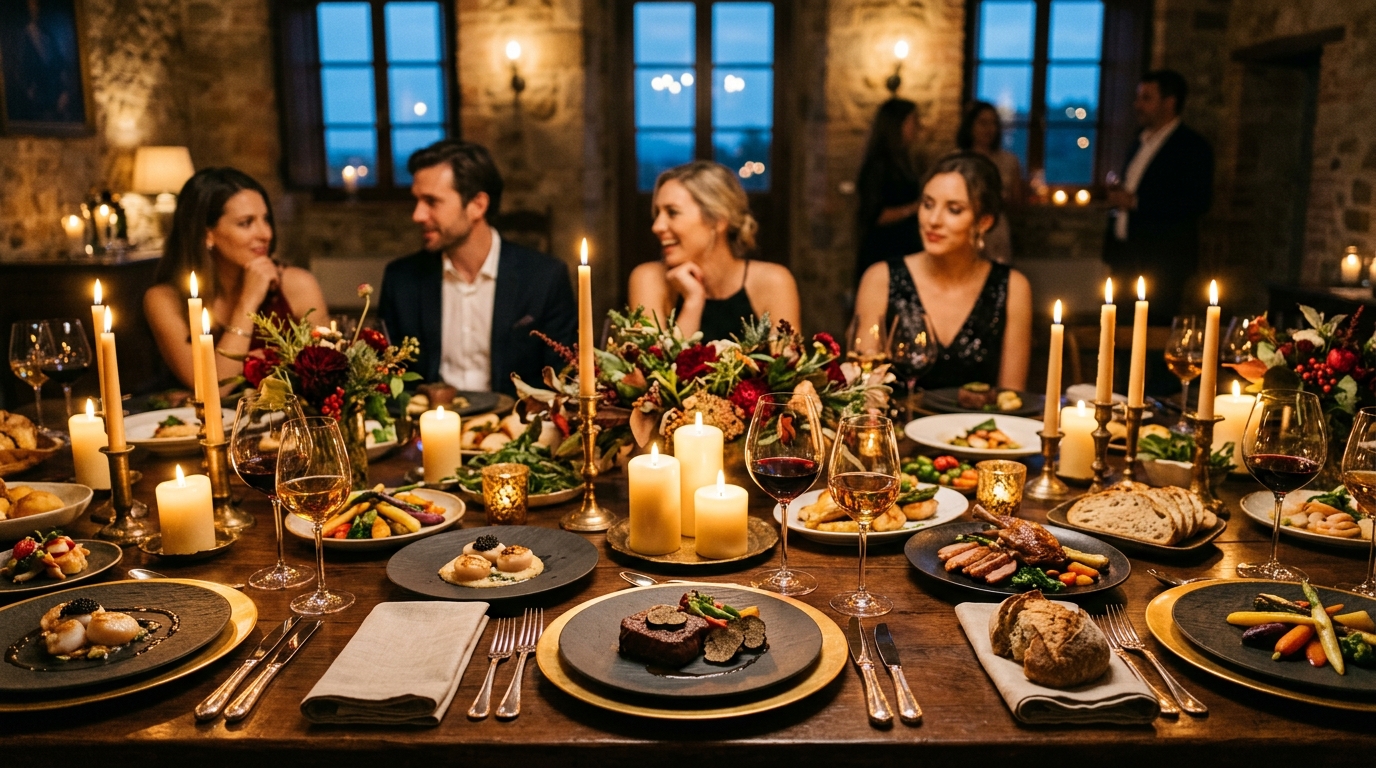 Exquisite party feast dining spread with warm candlelight and happy guests