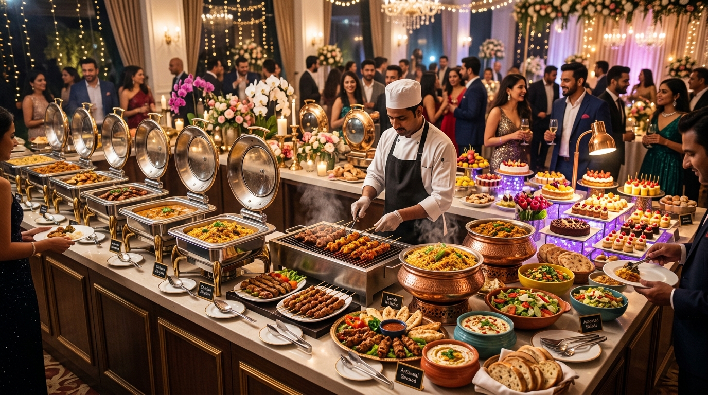 Lavish party catering buffet with warm chafing dishes and live counters